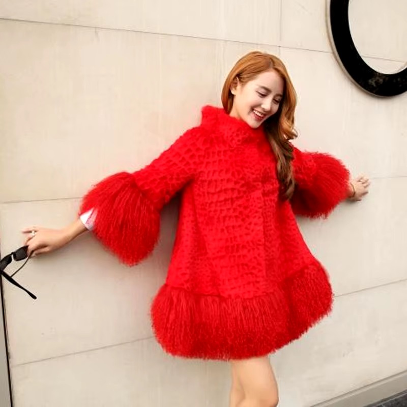 Casual With Mongolia Sheep Fur Sleeve Natural Rabbit Fur Coat - Image 19
