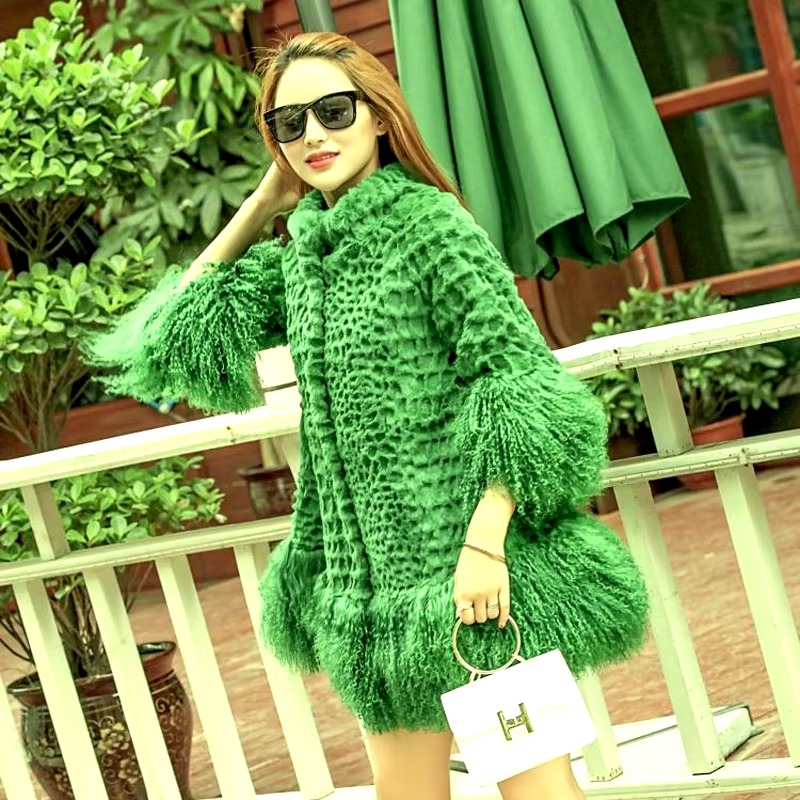 Casual With Mongolia Sheep Fur Sleeve Natural Rabbit Fur Coat - Image 3