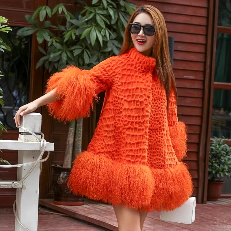 Casual With Mongolia Sheep Fur Sleeve Natural Rabbit Fur Coat - Image 5