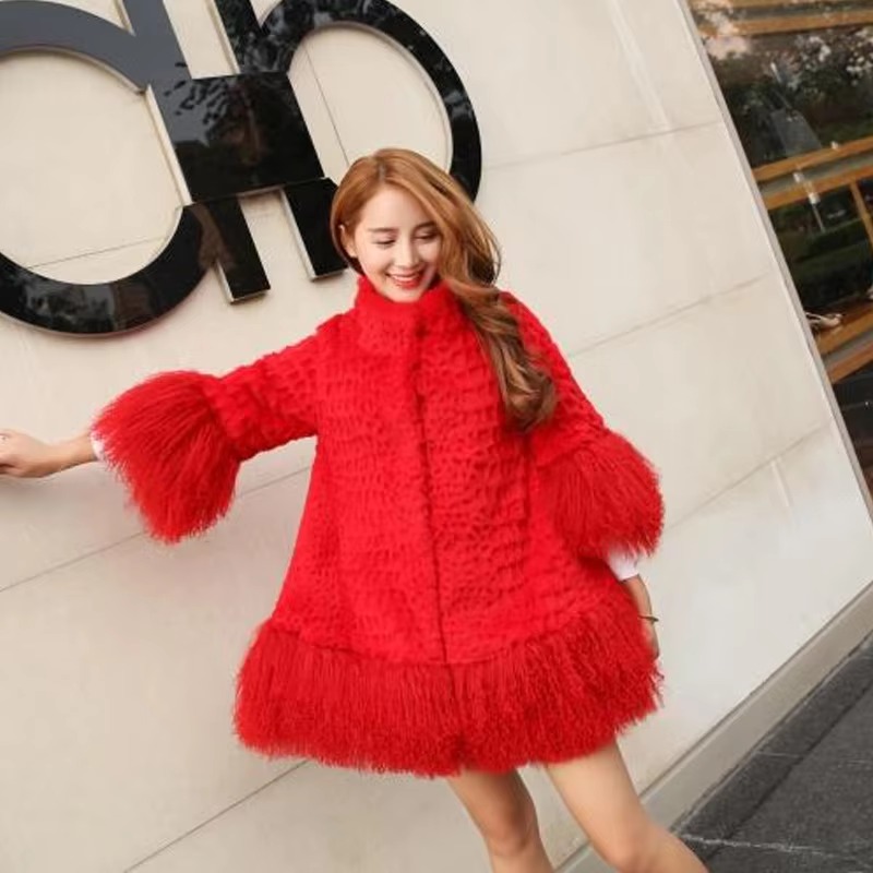 Casual With Mongolia Sheep Fur Sleeve Natural Rabbit Fur Coat - Image 20