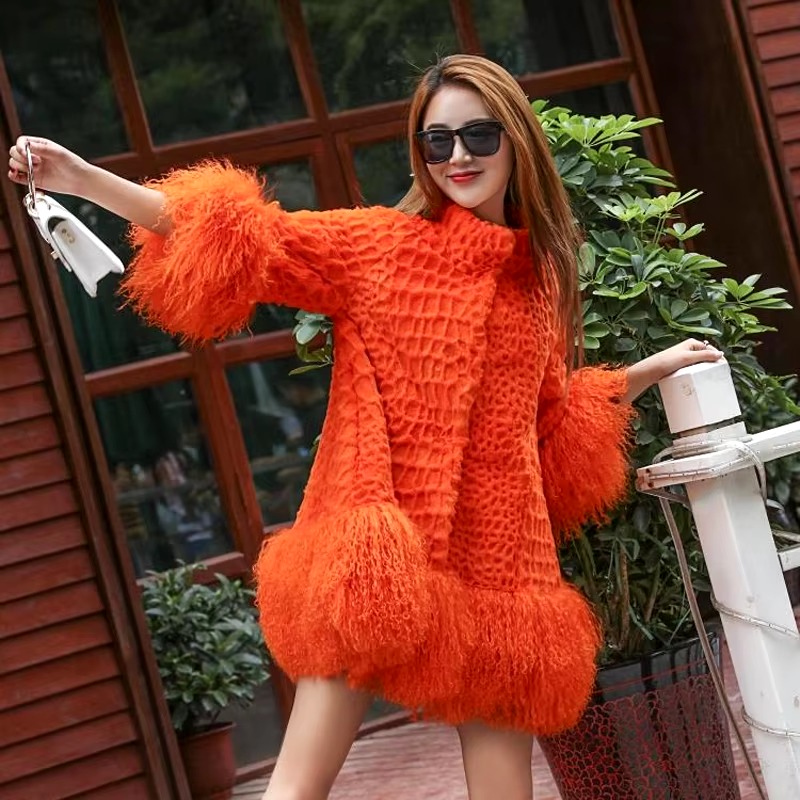 Casual With Mongolia Sheep Fur Sleeve Natural Rabbit Fur Coat - Image 6