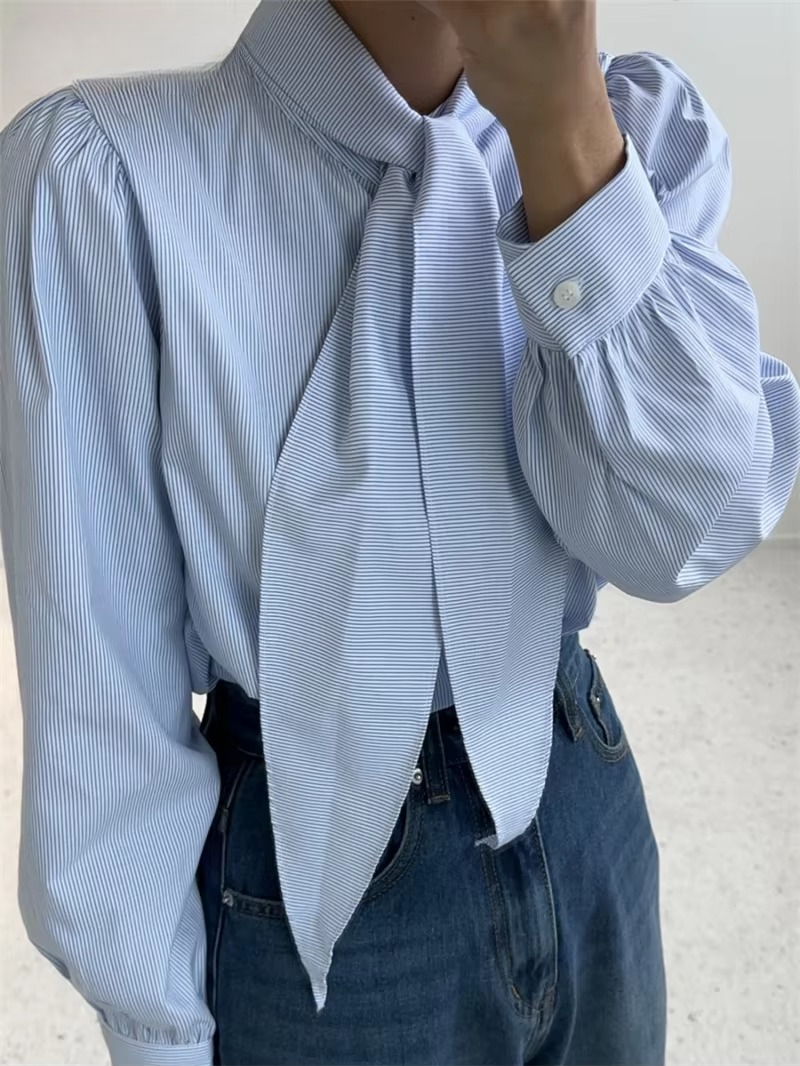 Causal Single-breasted Lace-up Striped Loose Blouses - Image 5