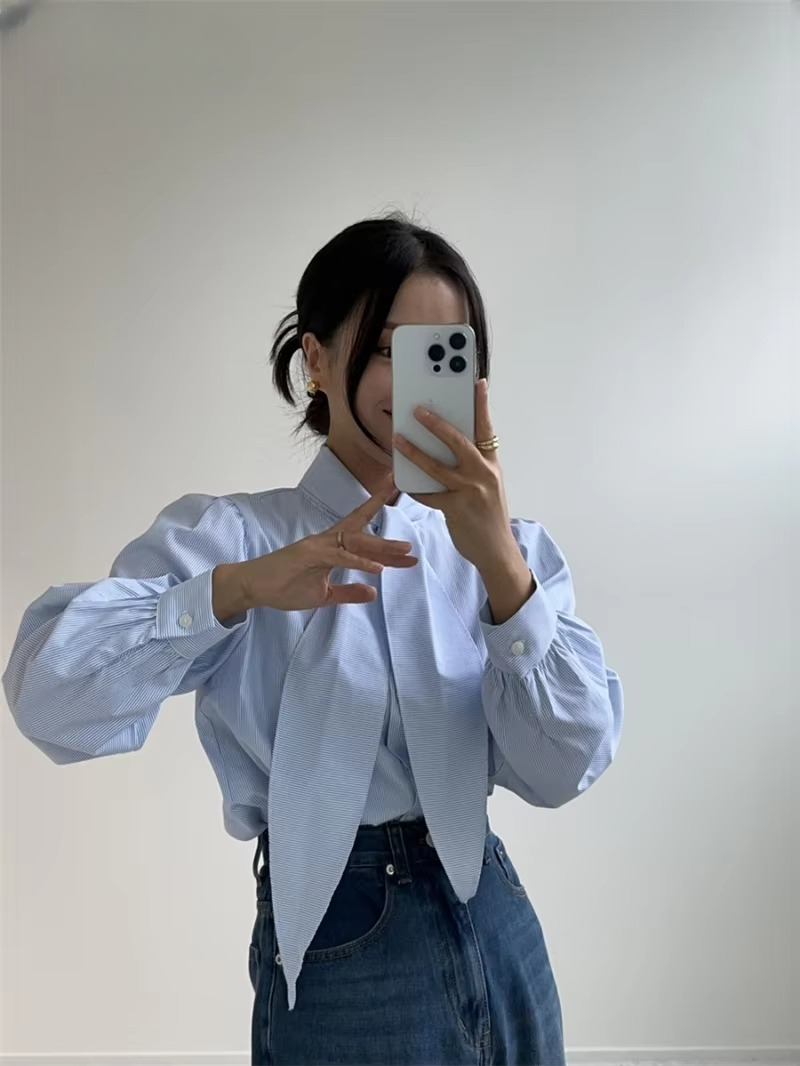 Causal Single-breasted Lace-up Striped Loose Blouses - Image 3