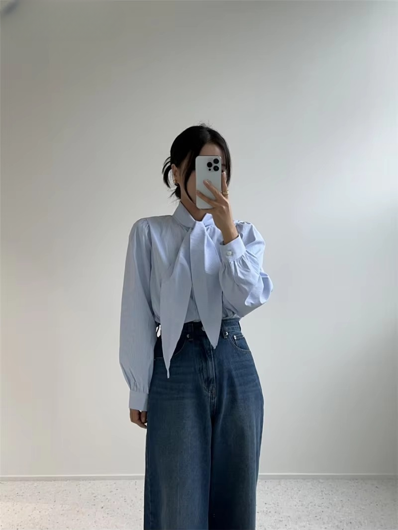 Causal Single-breasted Lace-up Striped Loose Blouses - Image 2