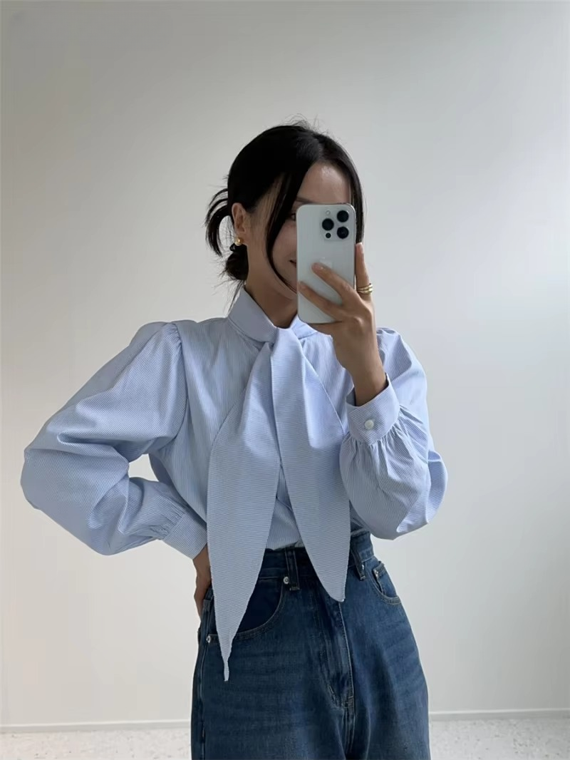 Causal Single-breasted Lace-up Striped Loose Blouses - Image 4