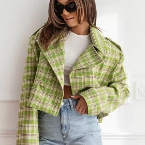 Chic Turndown Collar Plaid Raised Long Sleeves Elegant And Vintage Jacket