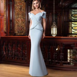 Chic V-Neck Satin Beaded Off The Shoulder Floor Length Party Mermaid Mother Of The Bride Dress