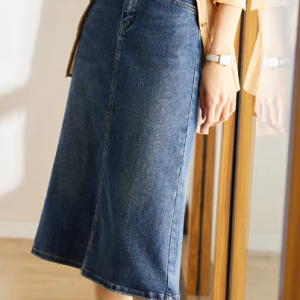Denim Classic Straight Split Office Solid Fashion Elegant Midi Skirts
