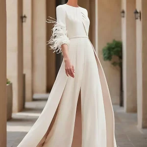 Designed Neckline 3/4 Length Sleeves Jumpsuit Beaded Wedding Guest Mother Dresses