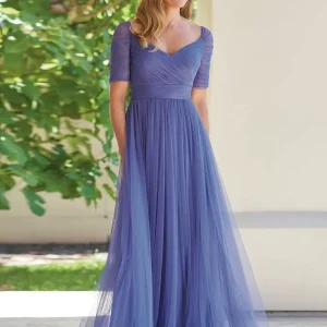 Designed Neckline Short Sleeves A-Line Pleated Party For Mother Of The Bride Wedding Dress