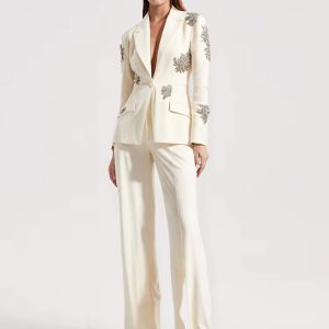 Diamonds Beaded Single Button Blazer Wide Leg Pants 2 Pieces Pantsuits