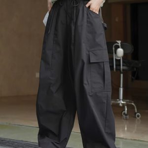 Drawtstring Pocket High Waist Long Vintage Cargo Pants Trousers