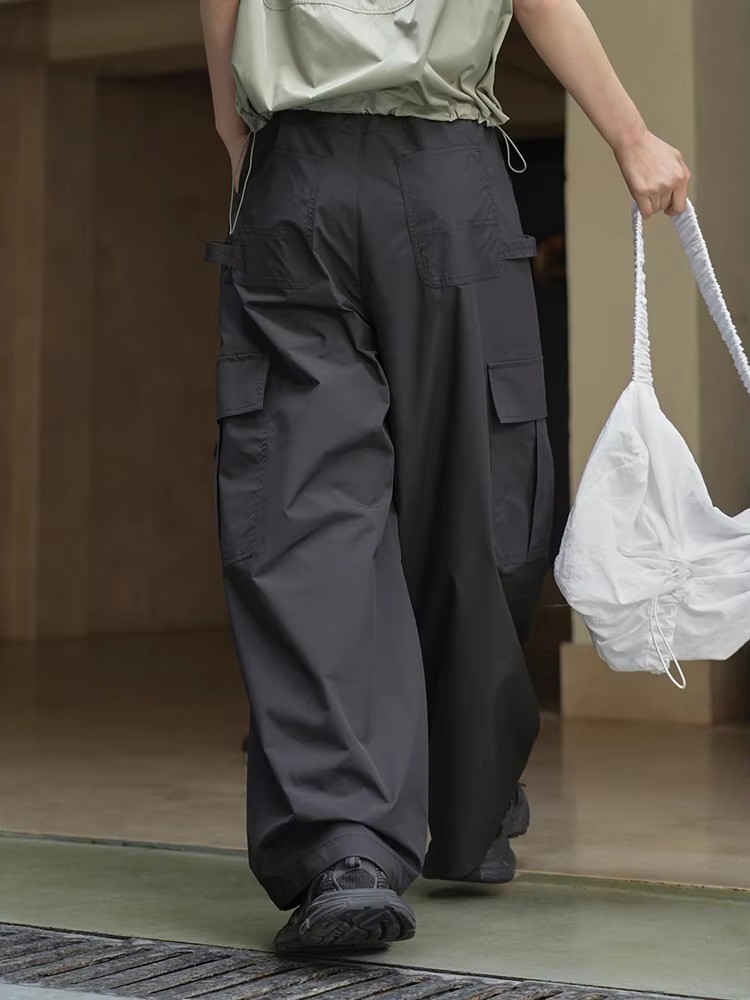 Drawtstring Pocket High Waist Long Vintage Cargo Pants Trousers - Image 8