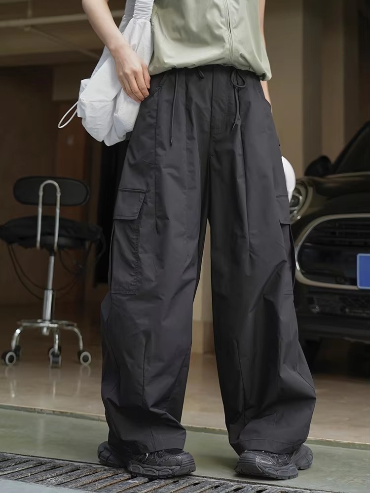 Drawtstring Pocket High Waist Long Vintage Cargo Pants Trousers - Image 2
