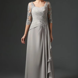Elegant A-line 3/4 Sleeves Chiffon Lace Plus Size Long Groom Mother Of The Bride Wedding Dresses