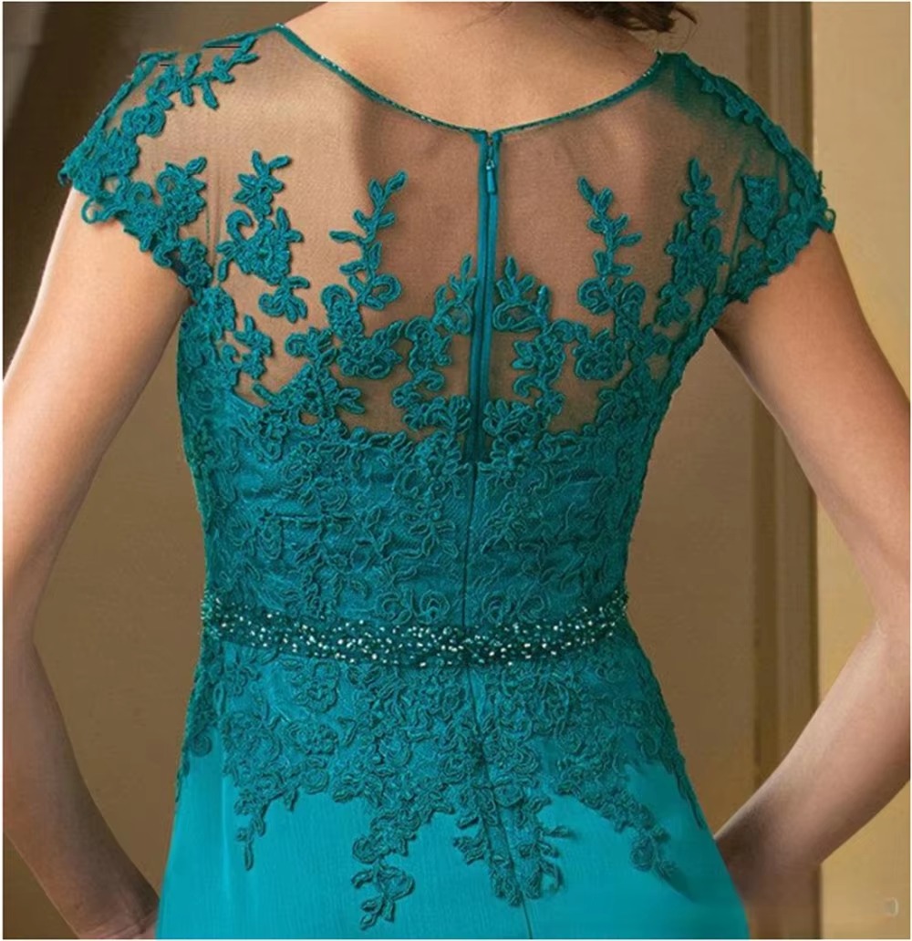 Elegant Appliques Chiffon Short Sleeve Ruffles Belt A-Line Lace Floor-Length Mother Of The Bride Dress - Image 3