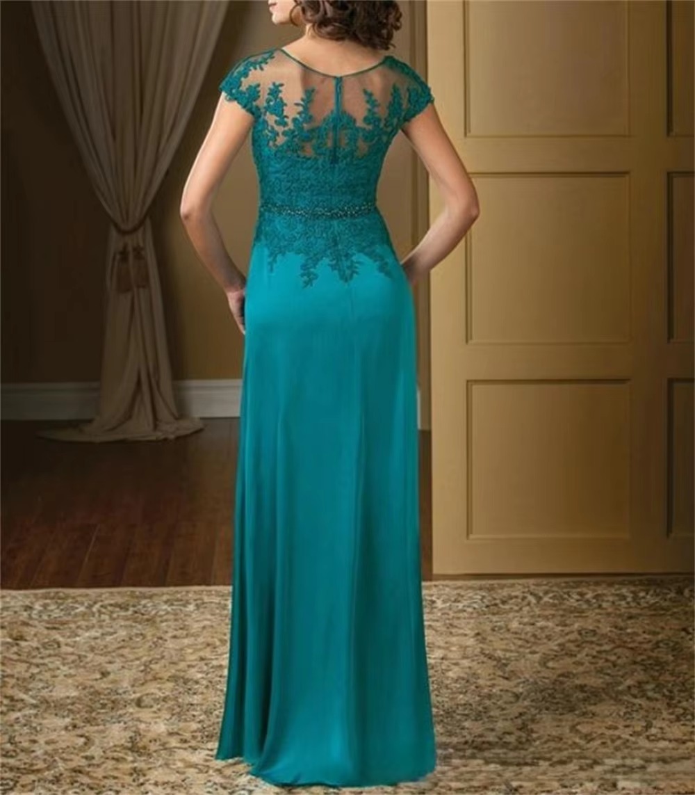Elegant Appliques Chiffon Short Sleeve Ruffles Belt A-Line Lace Floor-Length Mother Of The Bride Dress - Image 4