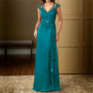 Elegant Appliques Chiffon Short Sleeve Ruffles Belt A-Line Lace Floor-Length Mother Of The Bride Dress