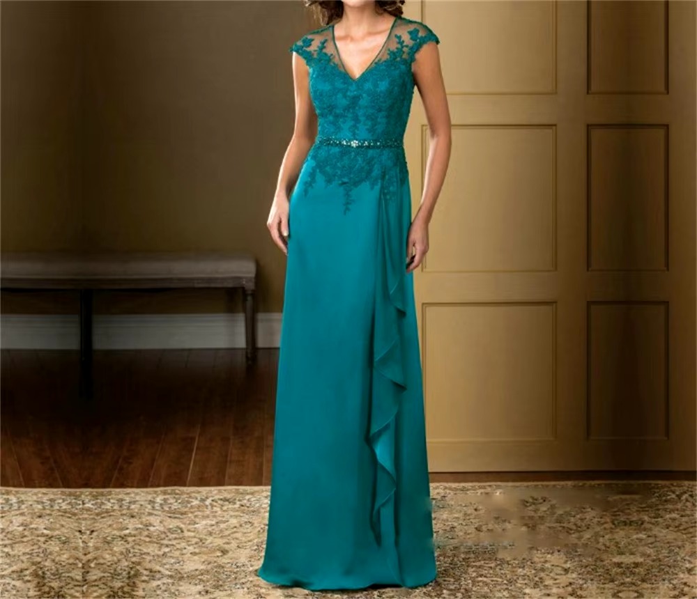 Elegant Appliques Chiffon Short Sleeve Ruffles Belt A-Line Lace Floor-Length Mother Of The Bride Dress