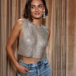 Elegant Backless Round Neck Metal Sequins Crop Top