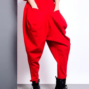 Elegant Big Pockets Spliced Irregular High Waist Trousers Loose Fit Pants