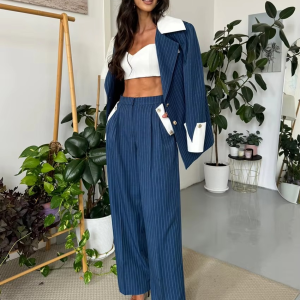 Formal Stripe Blazer And Patchwork Trousers 2 Pieces Set