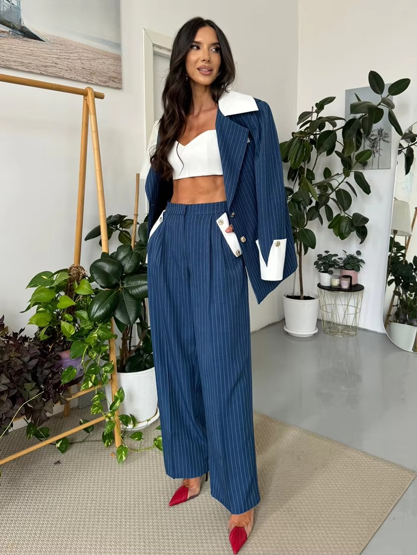 Formal Stripe Blazer And Patchwork Trousers 2 Pieces Set
