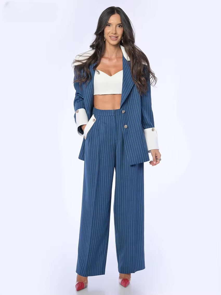 Formal Stripe Blazer And Patchwork Trousers 2 Pieces Set - Image 4