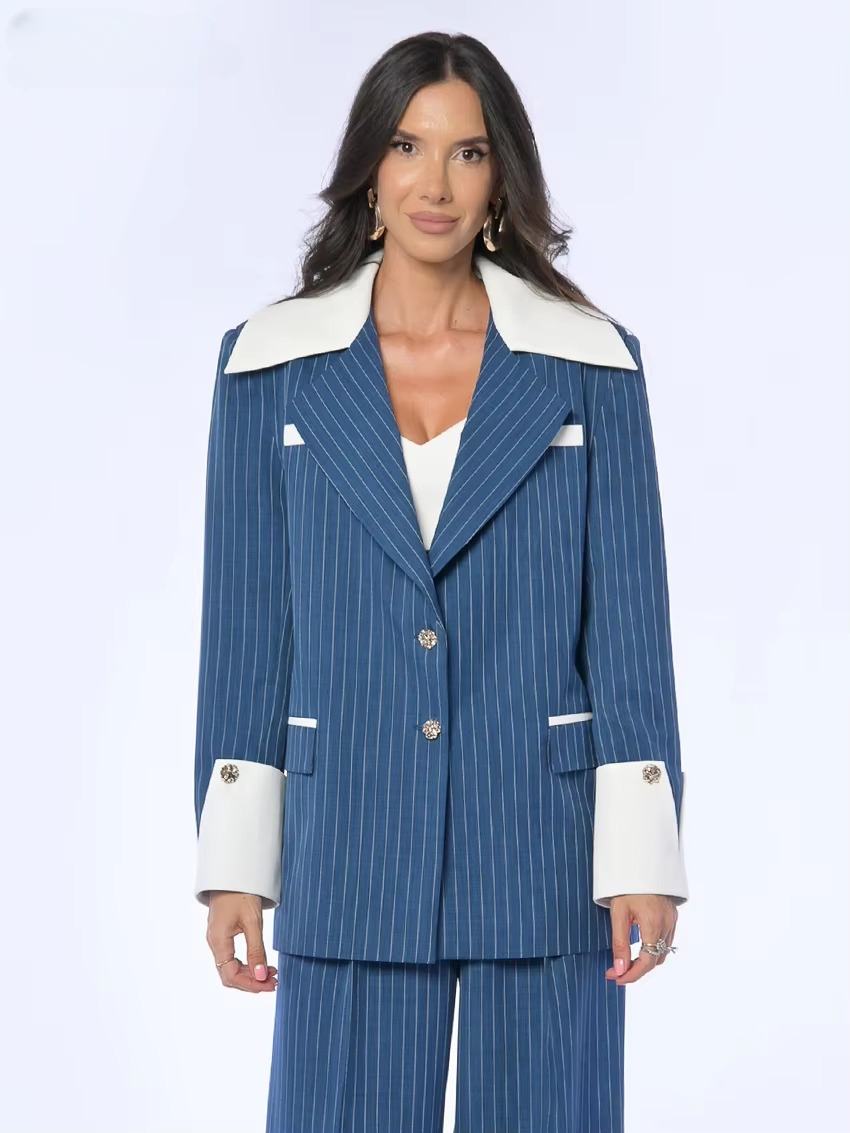 Formal Stripe Blazer And Patchwork Trousers 2 Pieces Set - Image 5