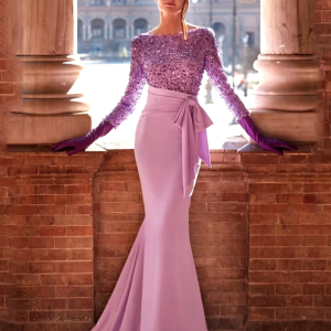 Elegant Boat Neck Sparkly Sequins Prom Mermaid Long Evening Mother Of The Bride Dress For Wedding Gown