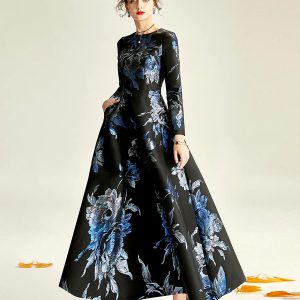 Elegant O-Neck Boho Floral Long Sleeve A-LINE Party Slim Maxi Dress