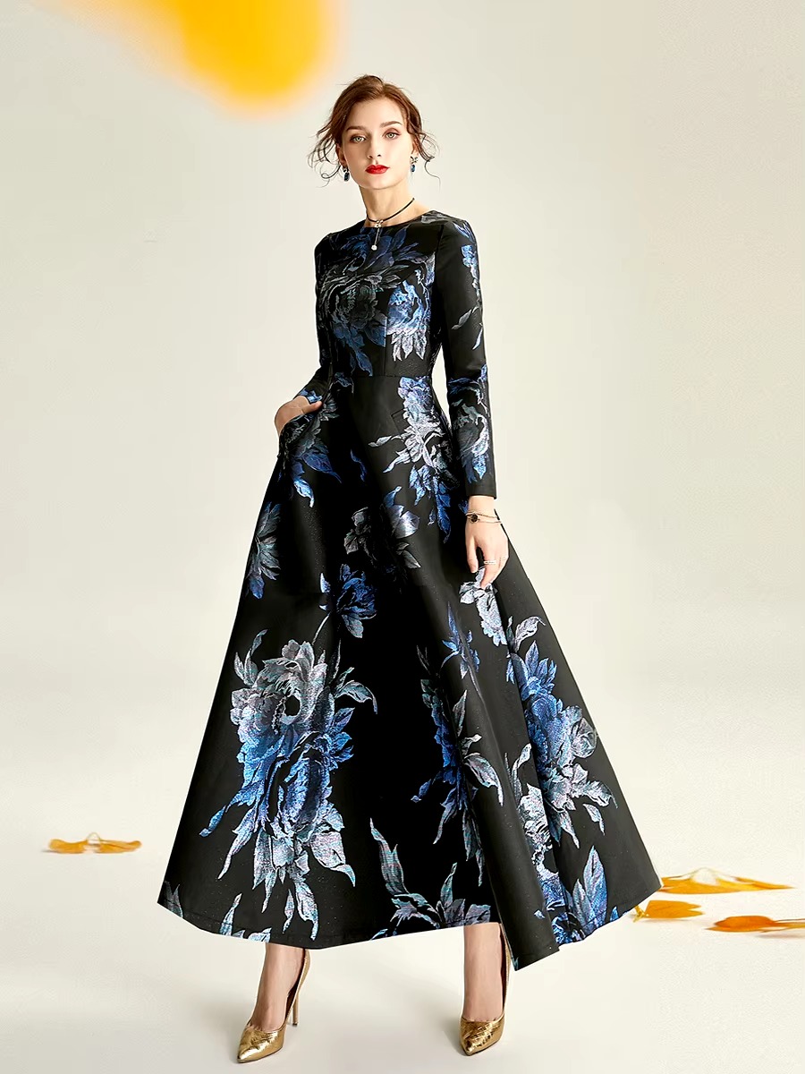 Elegant O-Neck Boho Floral Long Sleeve A-LINE Party Slim Maxi Dress