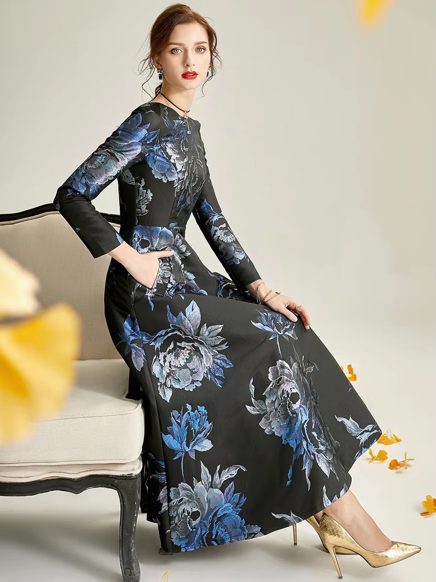 Elegant O-Neck Boho Floral Long Sleeve A-LINE Party Slim Maxi Dress - Image 2
