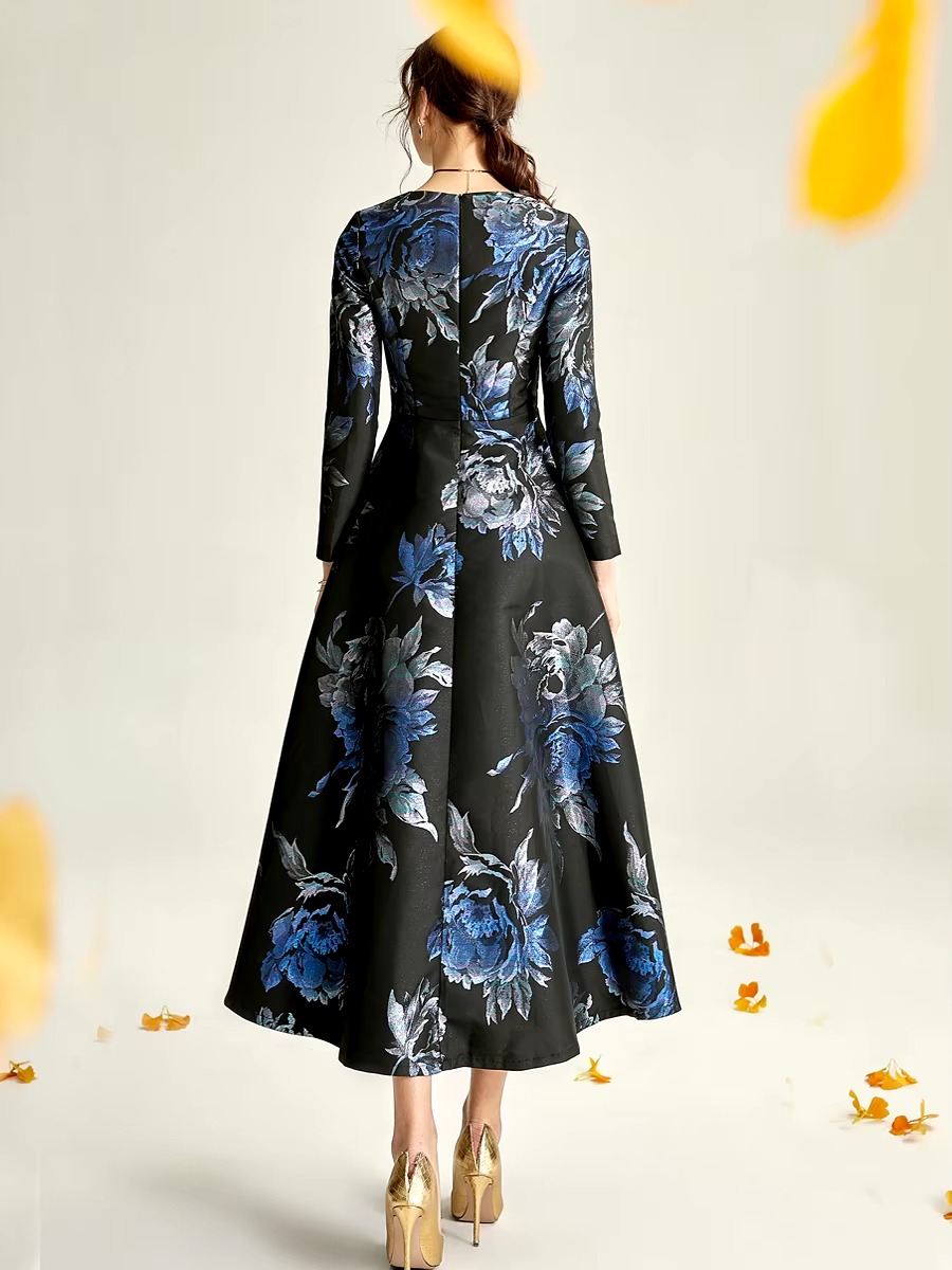 Elegant O-Neck Boho Floral Long Sleeve A-LINE Party Slim Maxi Dress - Image 4