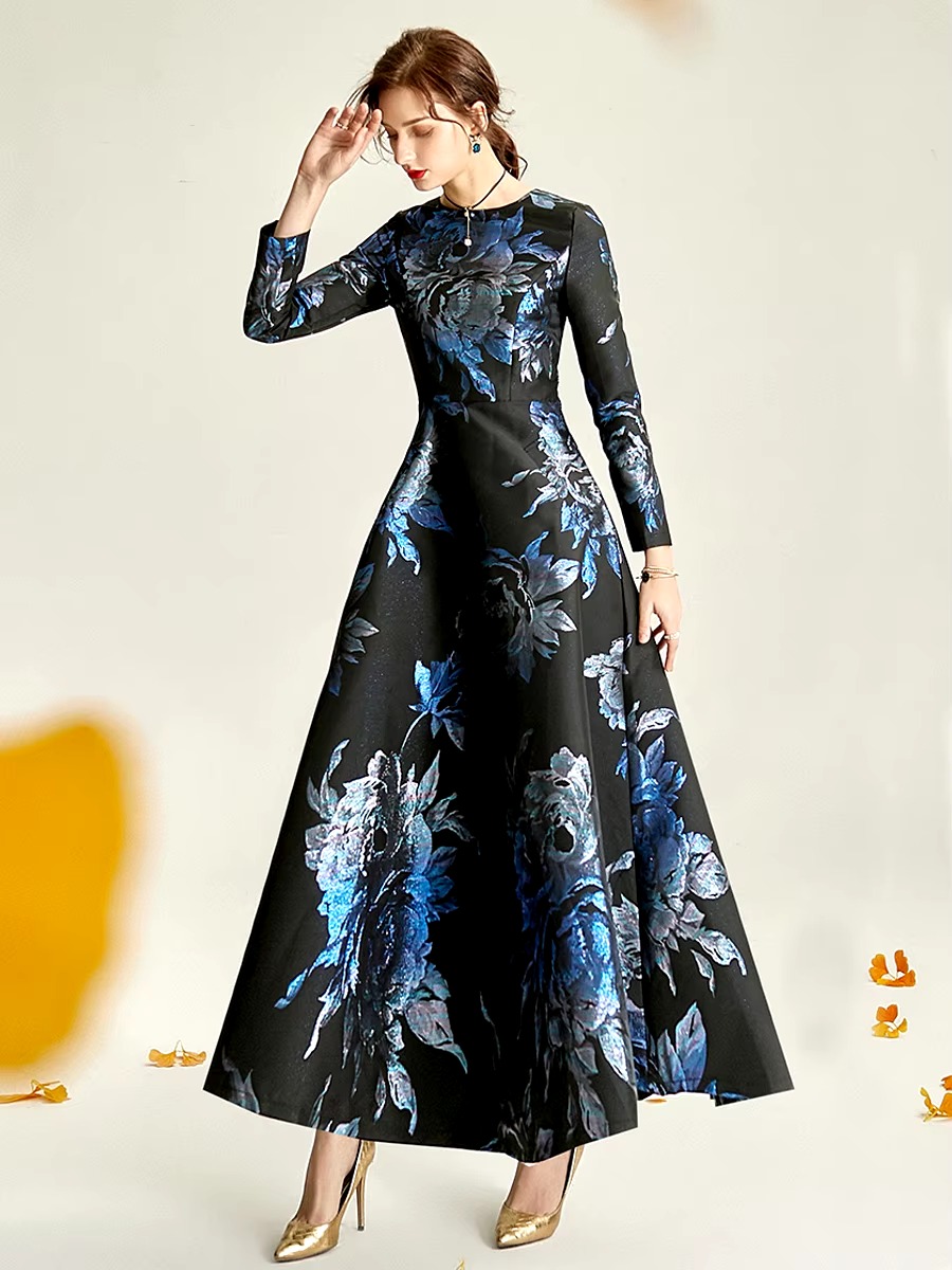 Elegant O-Neck Boho Floral Long Sleeve A-LINE Party Slim Maxi Dress - Image 3