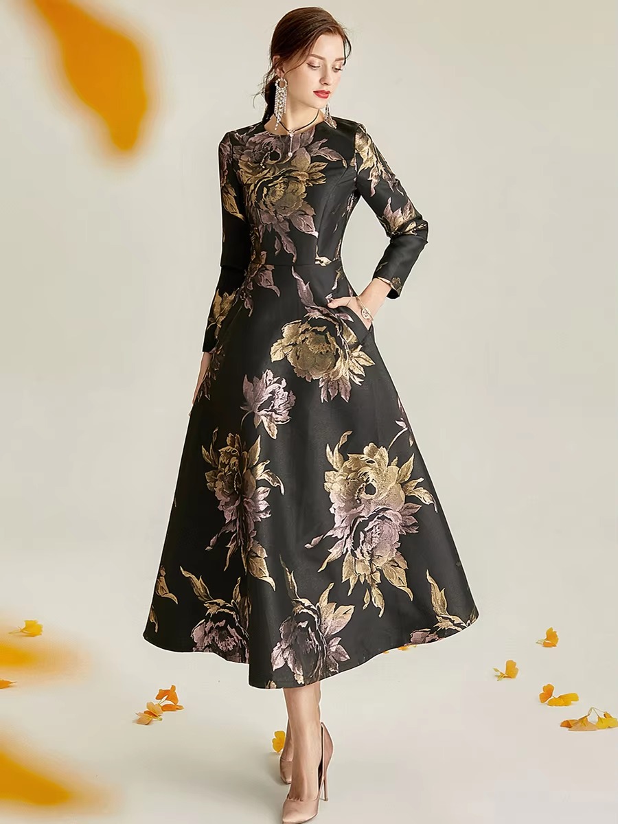 Elegant O-Neck Boho Floral Long Sleeve A-LINE Party Slim Maxi Dress - Image 5
