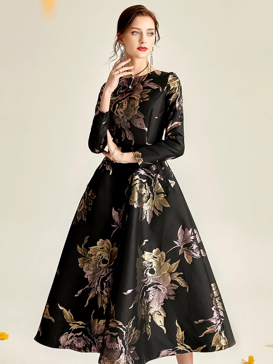 Elegant O-Neck Boho Floral Long Sleeve A-LINE Party Slim Maxi Dress - Image 6