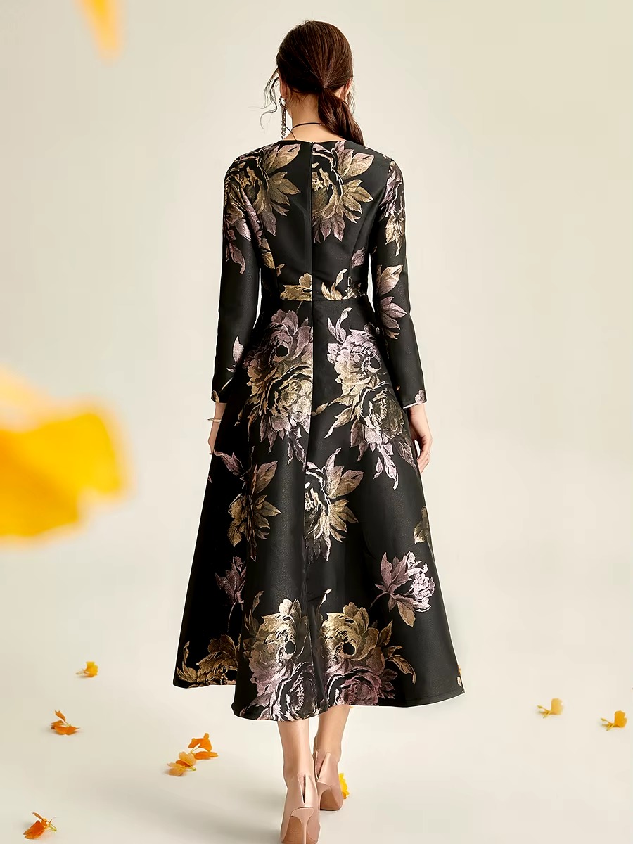Elegant O-Neck Boho Floral Long Sleeve A-LINE Party Slim Maxi Dress - Image 9