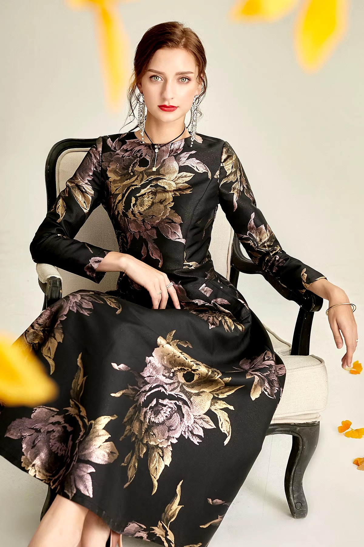 Elegant O-Neck Boho Floral Long Sleeve A-LINE Party Slim Maxi Dress - Image 7
