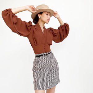 Elegant Chic Top V Neck Lantern Sleeve Button Vintage Blouse