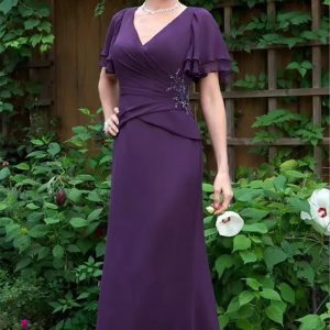 Elegant Chiffon Ruched Short Sleeves Evening Mother Of The Bride Dresses