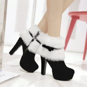 Elegant Christmas High Heels Platform Fur Short Ankle Boots