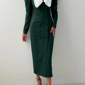 Elegant Classic Patchwork Lapel Long Sleeve Bodycon Midi Dress