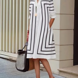 Elegant Cotton-Blended Striped H-line Lapel Office Ladies Long Sleeve Midi Shirt Dresses1._11zon Elegant Long Sleeve Cotton-Blended Striped H-line Lapel Office Ladies Shirt Dresses