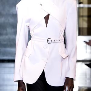 Elegant Designer Spliced Belt O Neck Hollow Out Long Sleeve Blazer