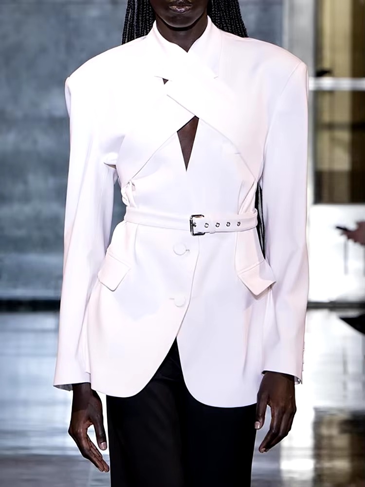 Elegant Designer Spliced Belt O Neck Hollow Out Long Sleeve Blazer