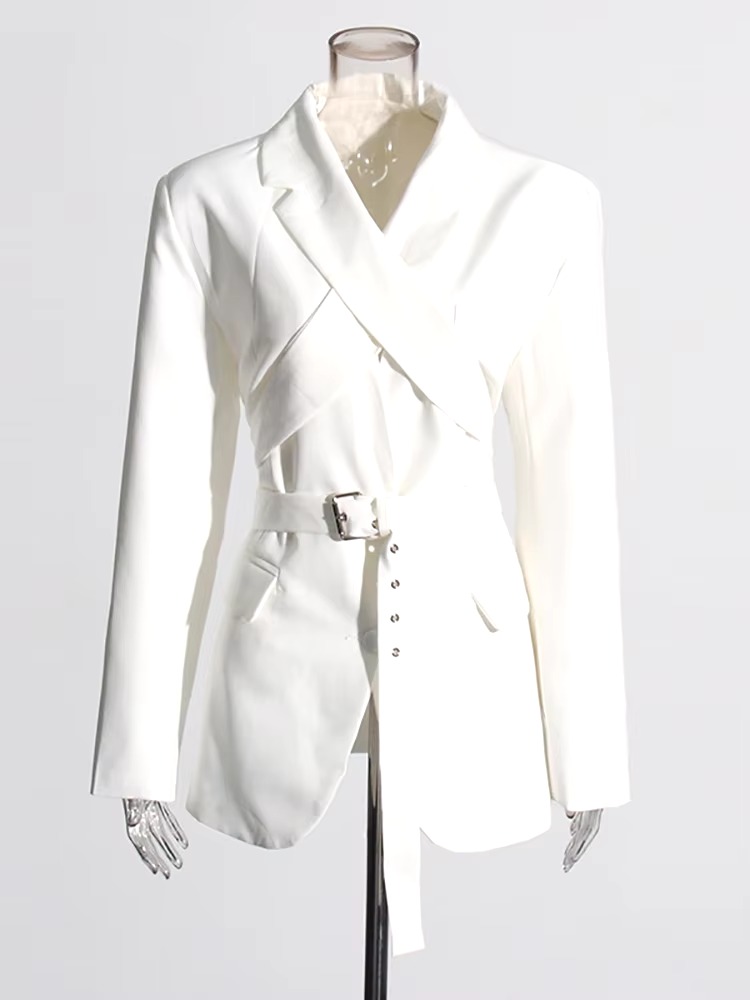 Elegant Designer Spliced Belt O Neck Hollow Out Long Sleeve Blazer - Image 3