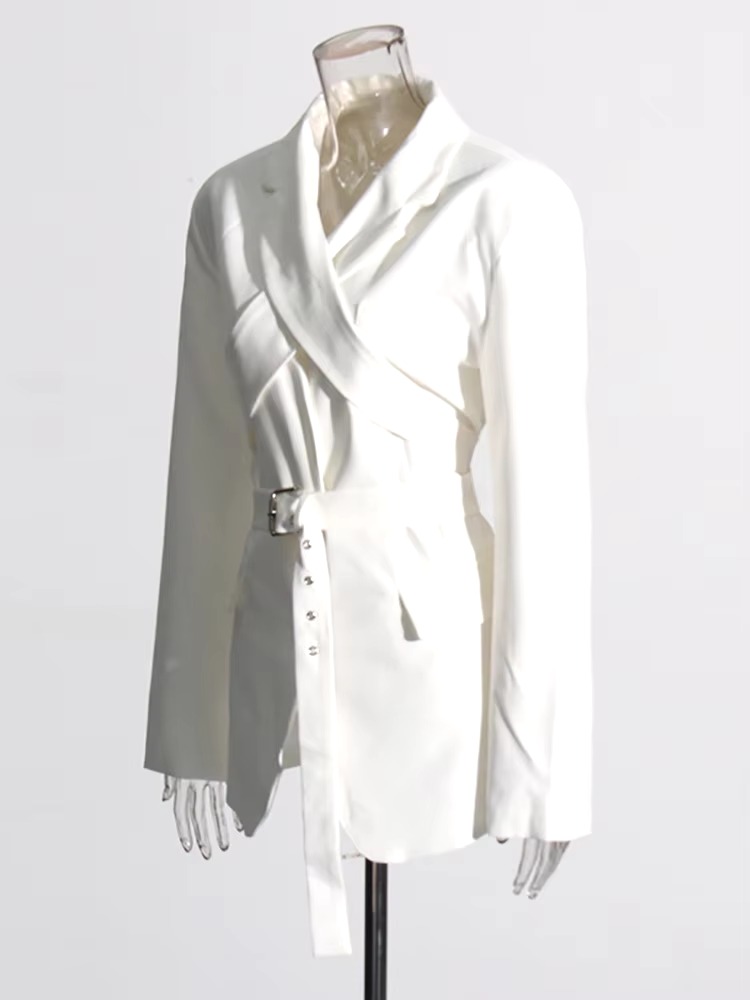 Elegant Designer Spliced Belt O Neck Hollow Out Long Sleeve Blazer - Image 4