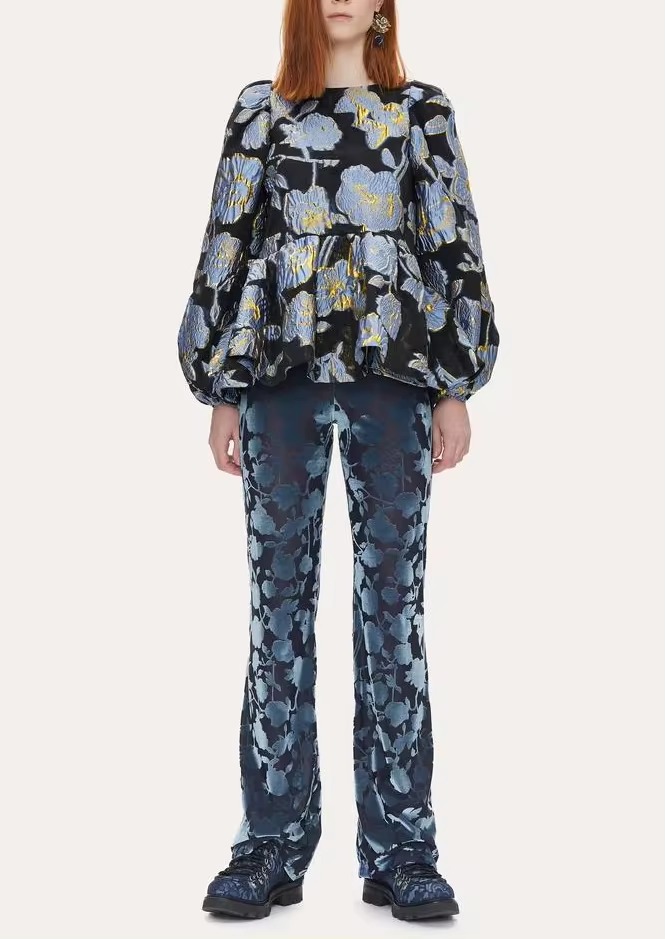 Elegant Floral Designers Metal Jacquard O Neck Ruches A-Line Oversized Peplum Blouse - Image 2