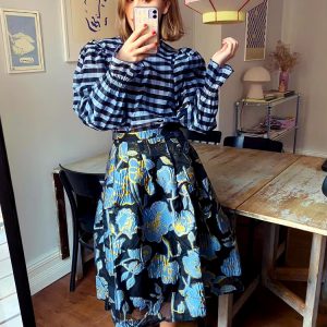 vintage Floral Designers Metal Jacquard Brocade Ruches A-Line Oversized Full Skirt